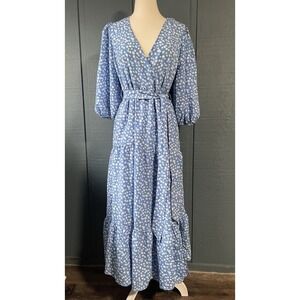 Glamorous Bloom Blue Floral Maxi Dress Puff Sleeve Wrap Belted Tiered